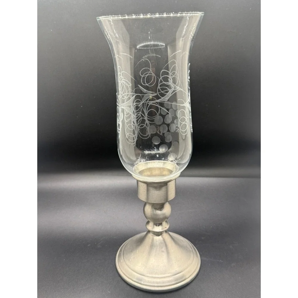 Vintage Web Pewter Hurricane Candle Holder Etched Glass Shade Mid Century MCM